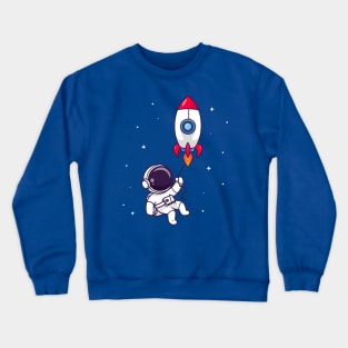 Cute Astronaut Flying With Rocket In Space Cartoon Crewneck Sweatshirt